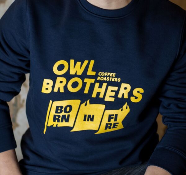 Sweat-shirt Unisexe Owl Brothers Born in Fire Navy et Jaune - Coton Bio