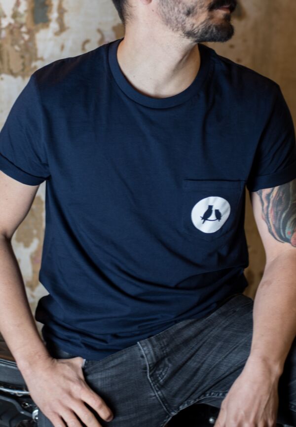 T-shirt Unisexe avec Poche Navy et Blanc Owl Brothers - Coton Bio